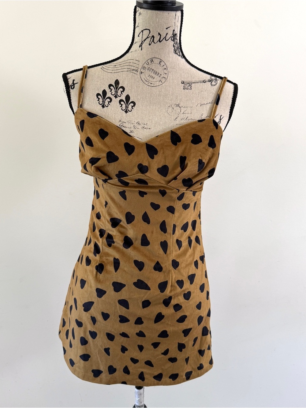 Y2K Women’s Brown Heart Print Mini Dress Spaghetti Strap Coquette Bodycon Small